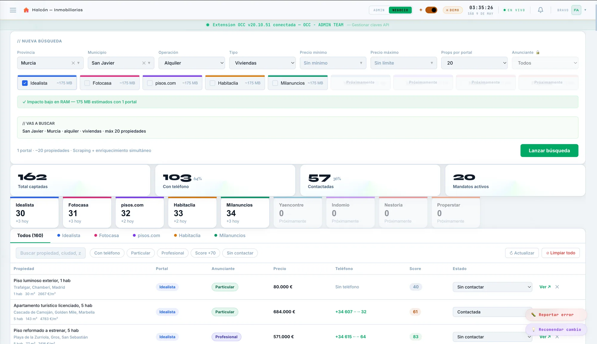 Panel de captación de Halcón con tabla de propiedades, filtros activos y scores IA