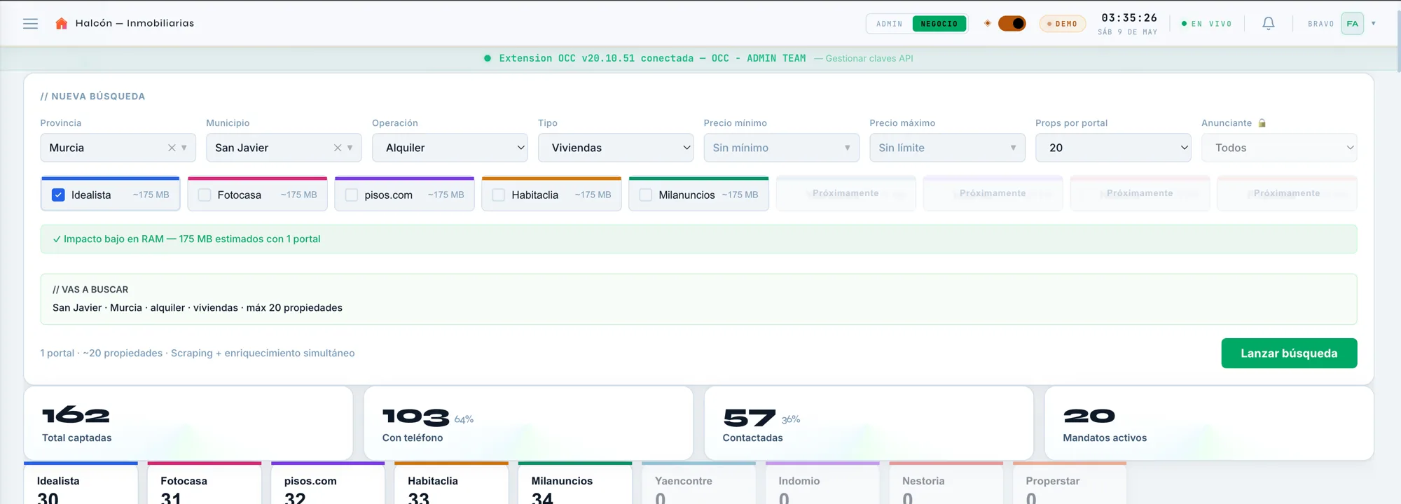 Configurador de búsqueda de Halcón con 5 portales activos y 4 marcados como Próximamente
