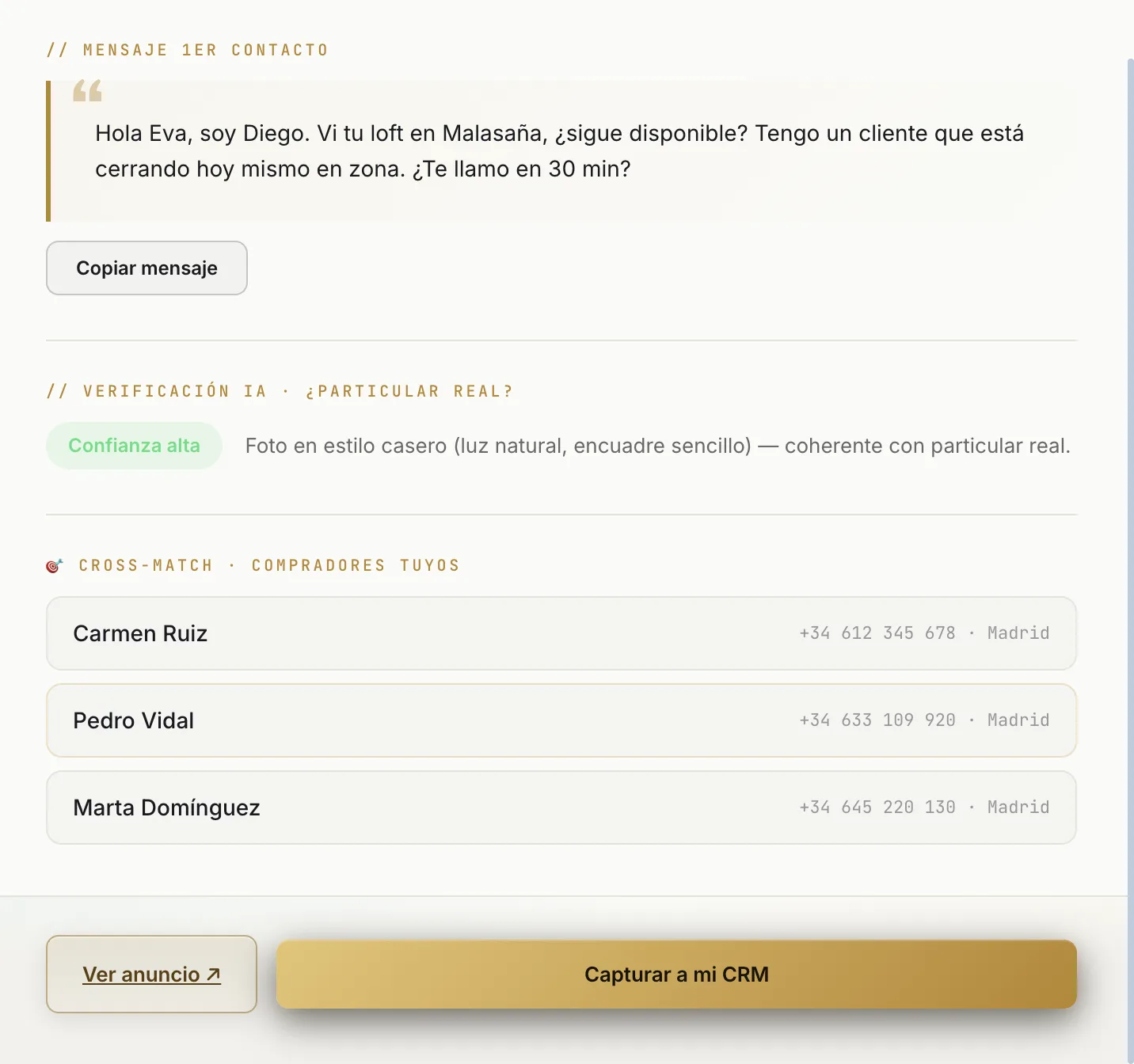 Mensaje de primer contacto generado por IA con verificación de particular real y cross-match con compradores propios