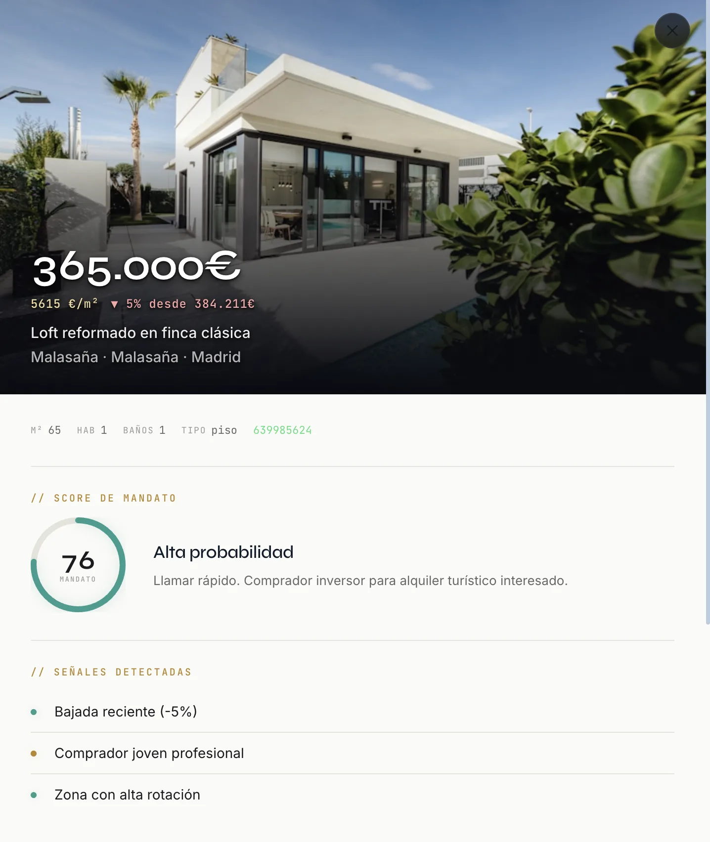 Vista detallada de un anuncio en Mercado con score de mandato 76 sobre 100, señales de motivación detectadas y datos de la propiedad