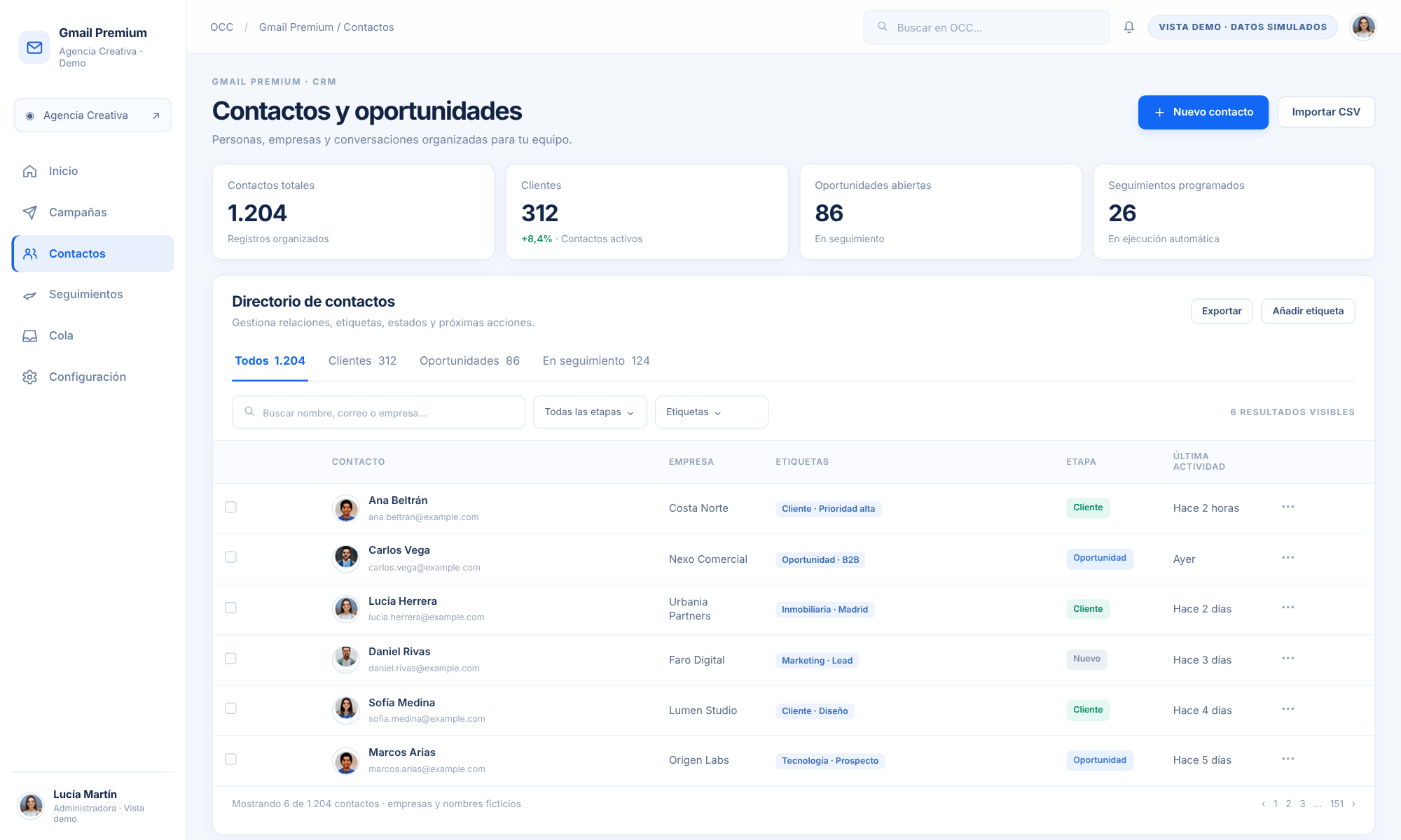 Demo visual de contactos de Gmail Premium, con datos simulados