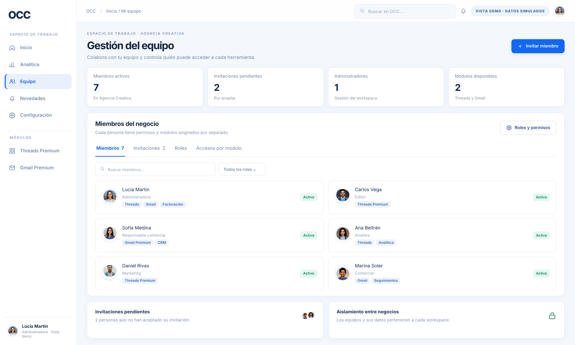 Demo visual de equipo y perfiles de OCC, con datos simulados