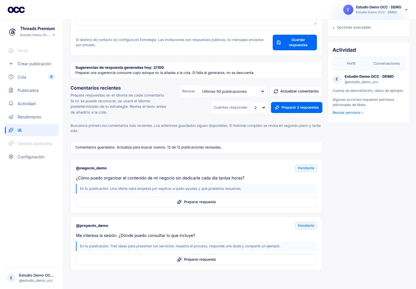 Respuestas a comentarios con IA en Threads Premium, cuenta de demostración · demostración