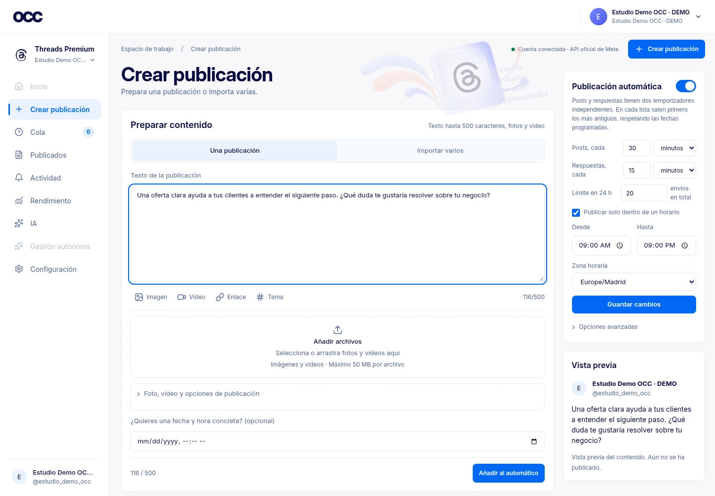 Editor de publicaciones de Threads Premium · demostración