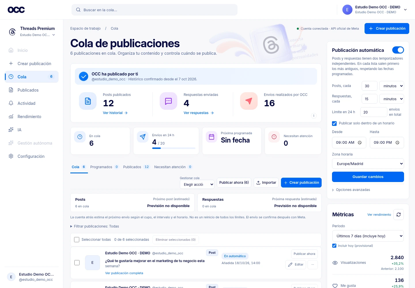 la cola de Threads Premium · demostración