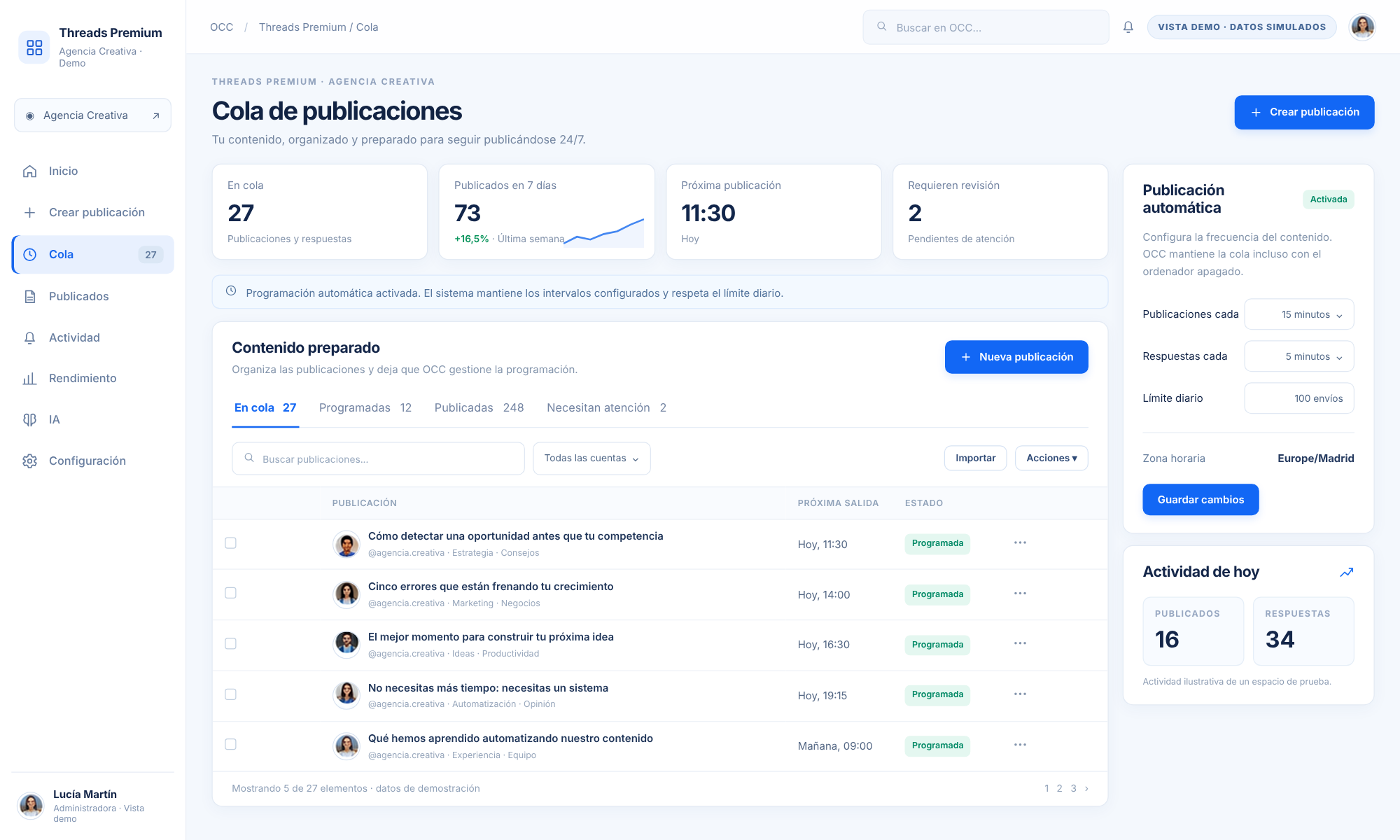 Demo visual de la cola de Threads Premium, con datos simulados